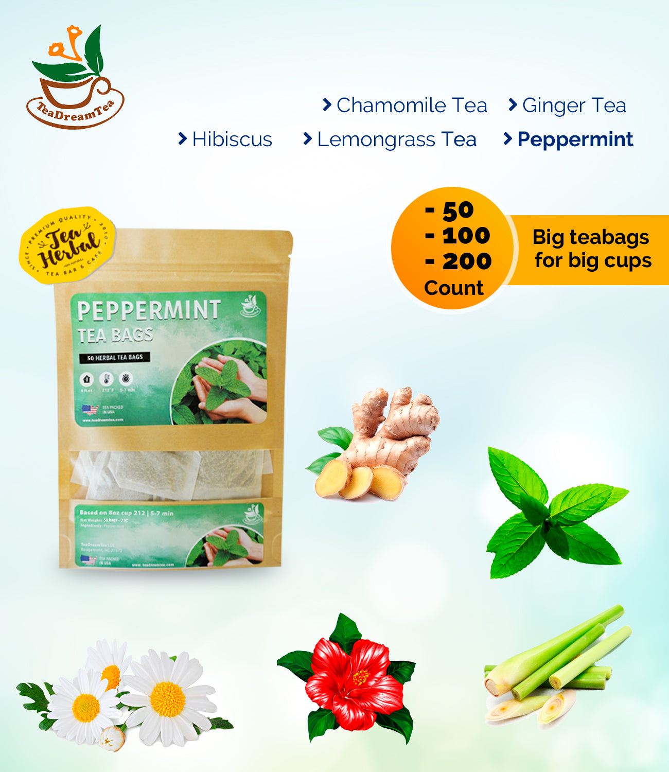 Peppermint Herbal Tea Bags - Size 50, 100 and 200 bags - TeaDreamTea