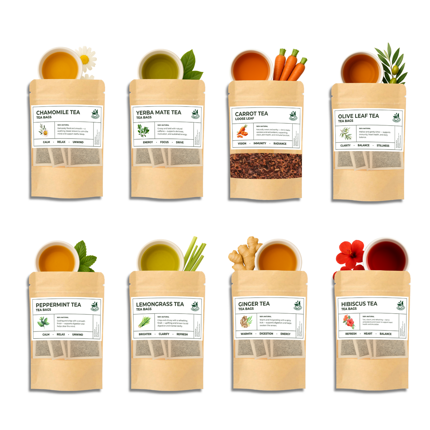 Herbal Tea Bag Gift Box Sampler – 7-Packs of Tea Bag Tea + Bonus Carrot Loose Leaf