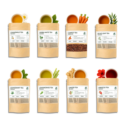 Herbal Tea Bag Gift Box Sampler – 7-Packs of Tea Bag Tea + Bonus Carrot Loose Leaf