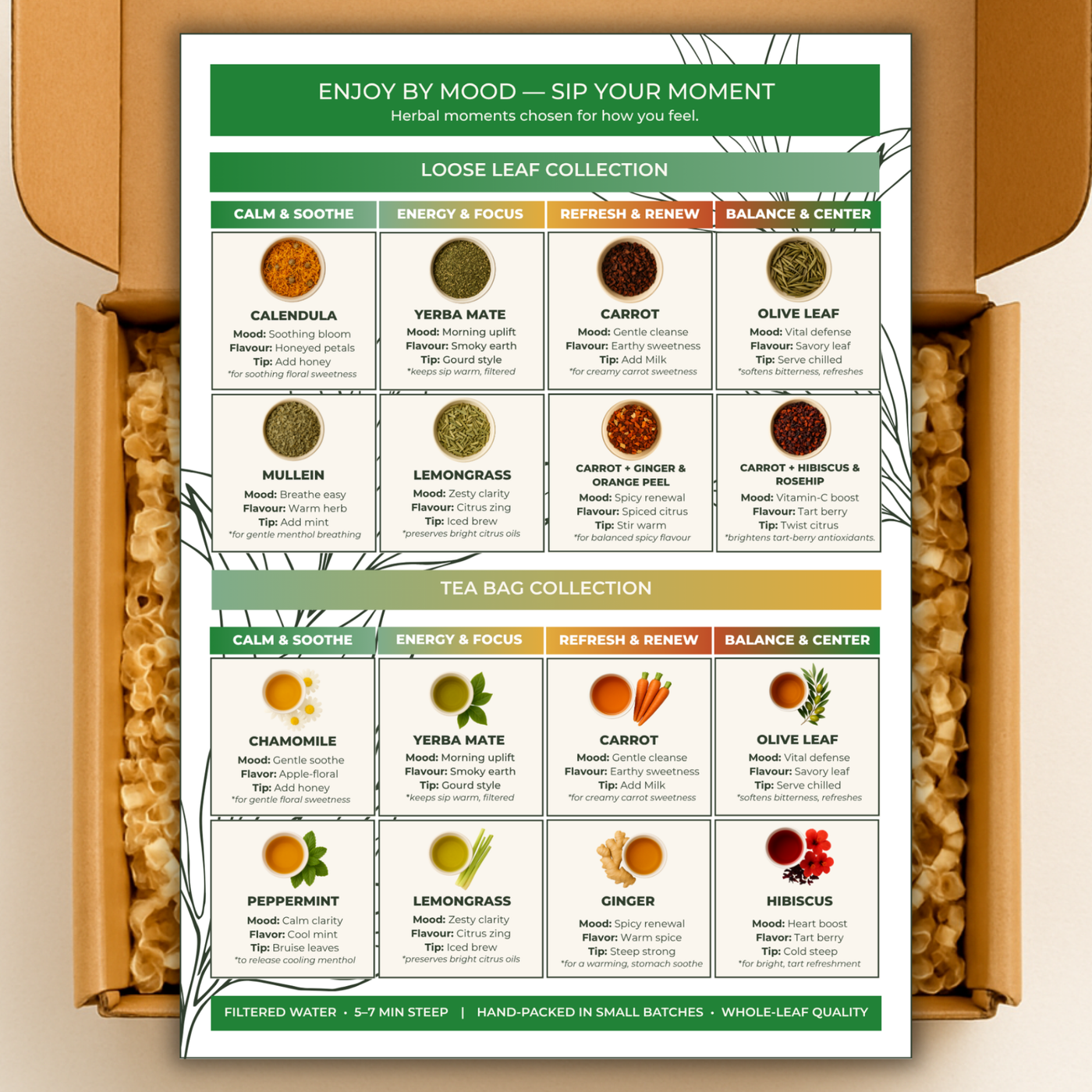 Herbal Tea Sampler Gift Box – 16 Pack (7 Tea-Bag Packs & 9 Loose-Leaf Packs)