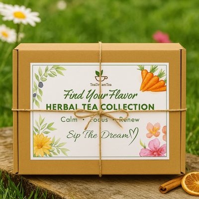 Herbal Tea Bag Gift Box Sampler – 7-Packs of Tea Bag Tea + Bonus Carrot Loose Leaf