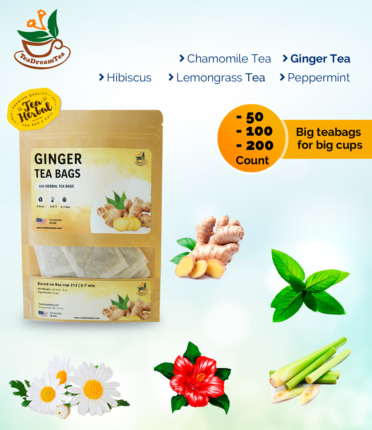 Herbal Ginger Tea Bags - Size 50, 100 and 200 bags - TeaDream Tea