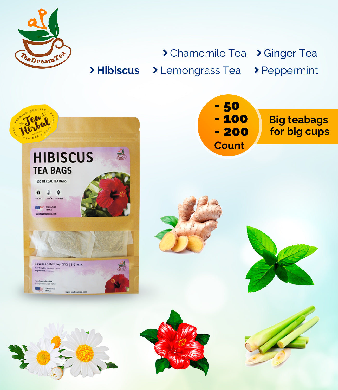 Hibiscus Flower Tea Bags - Size 50, 100 and 200 bags - TeaDreamTea