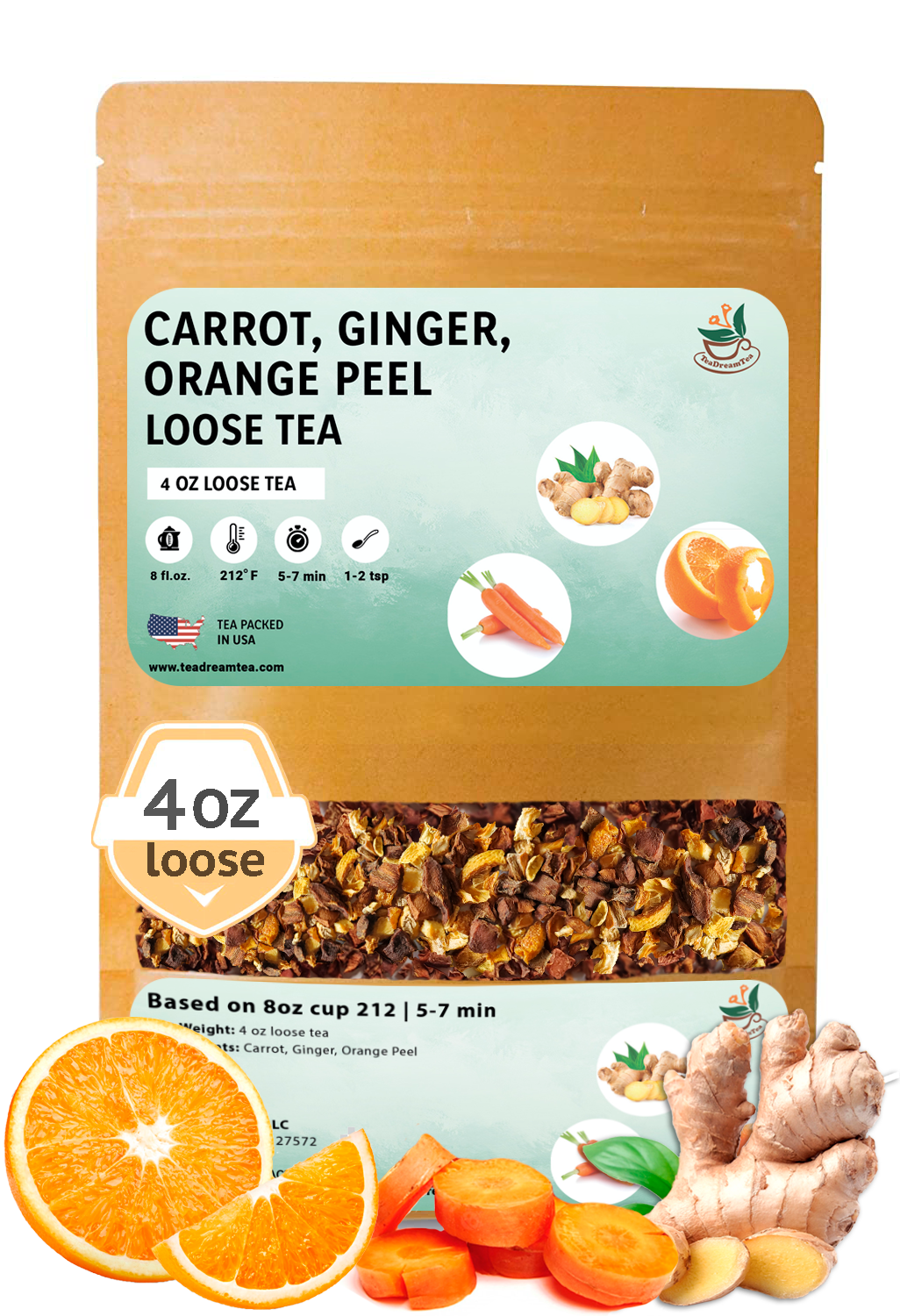 Carrot Ginger Orange Peel - Size 4, 6 and 8 ounces - TeaDreamTea